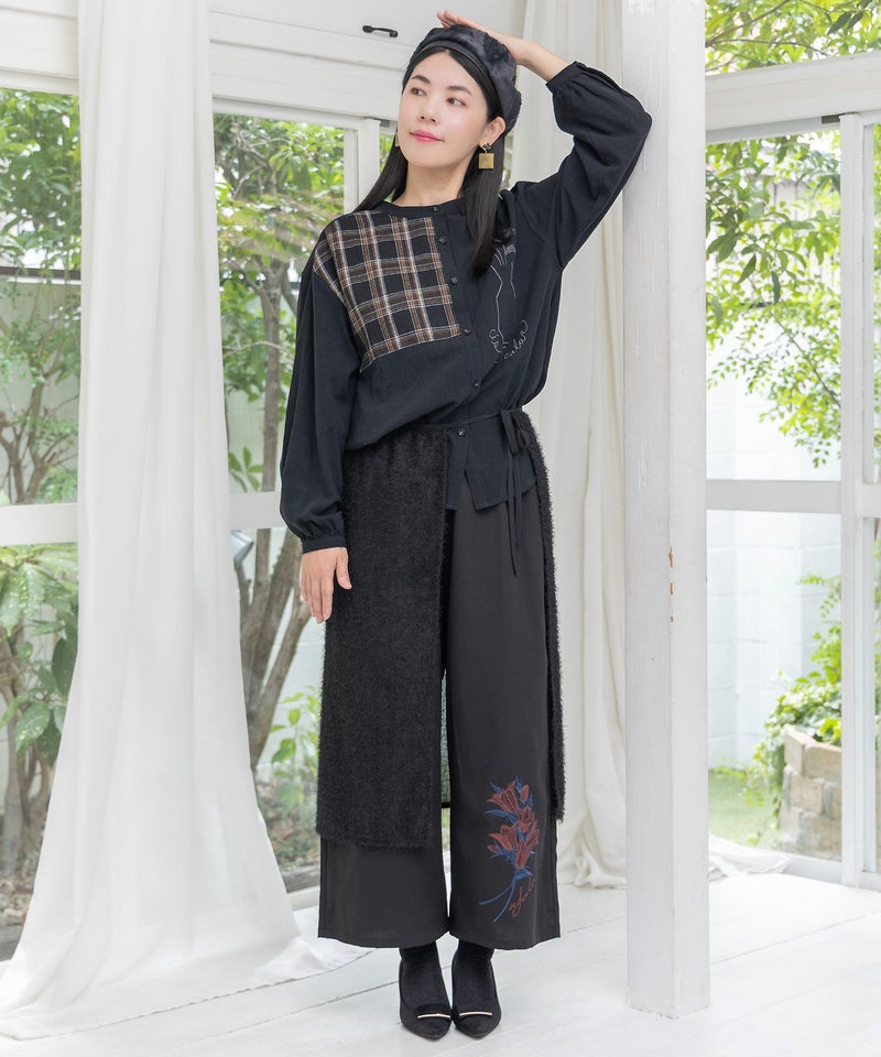 フリンジシフォン巻きスカート付き花刺繍パンツ-3