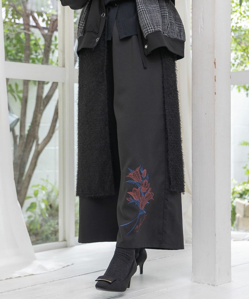 フリンジシフォン巻きスカート付き花刺繍パンツ-7