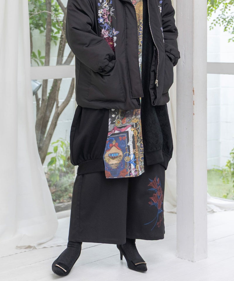 フリンジシフォン巻きスカート付き花刺繍パンツ-10