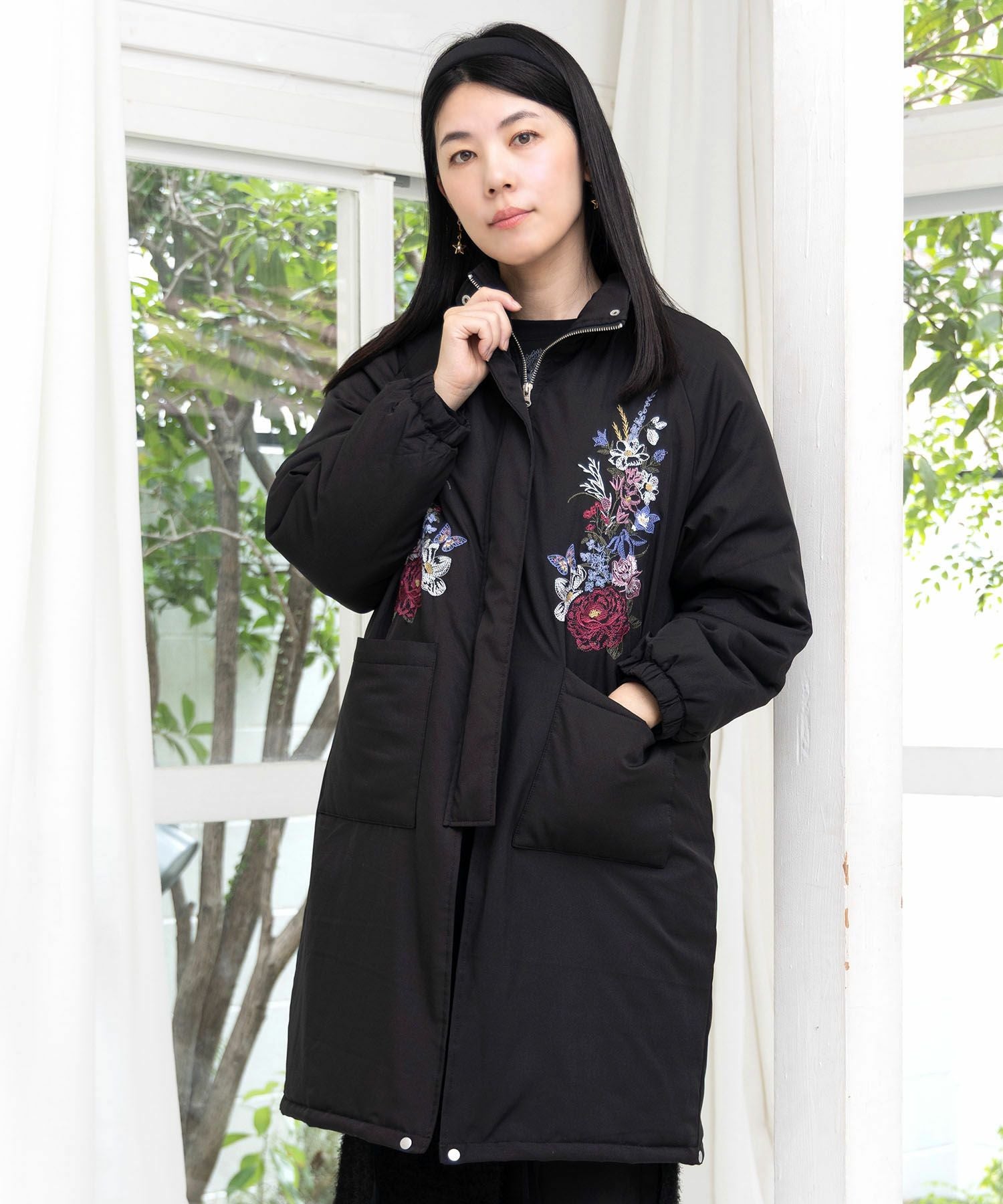 553252：着丈調整可能2way 花刺繍中綿ロングブルゾンの通販-ScoLar