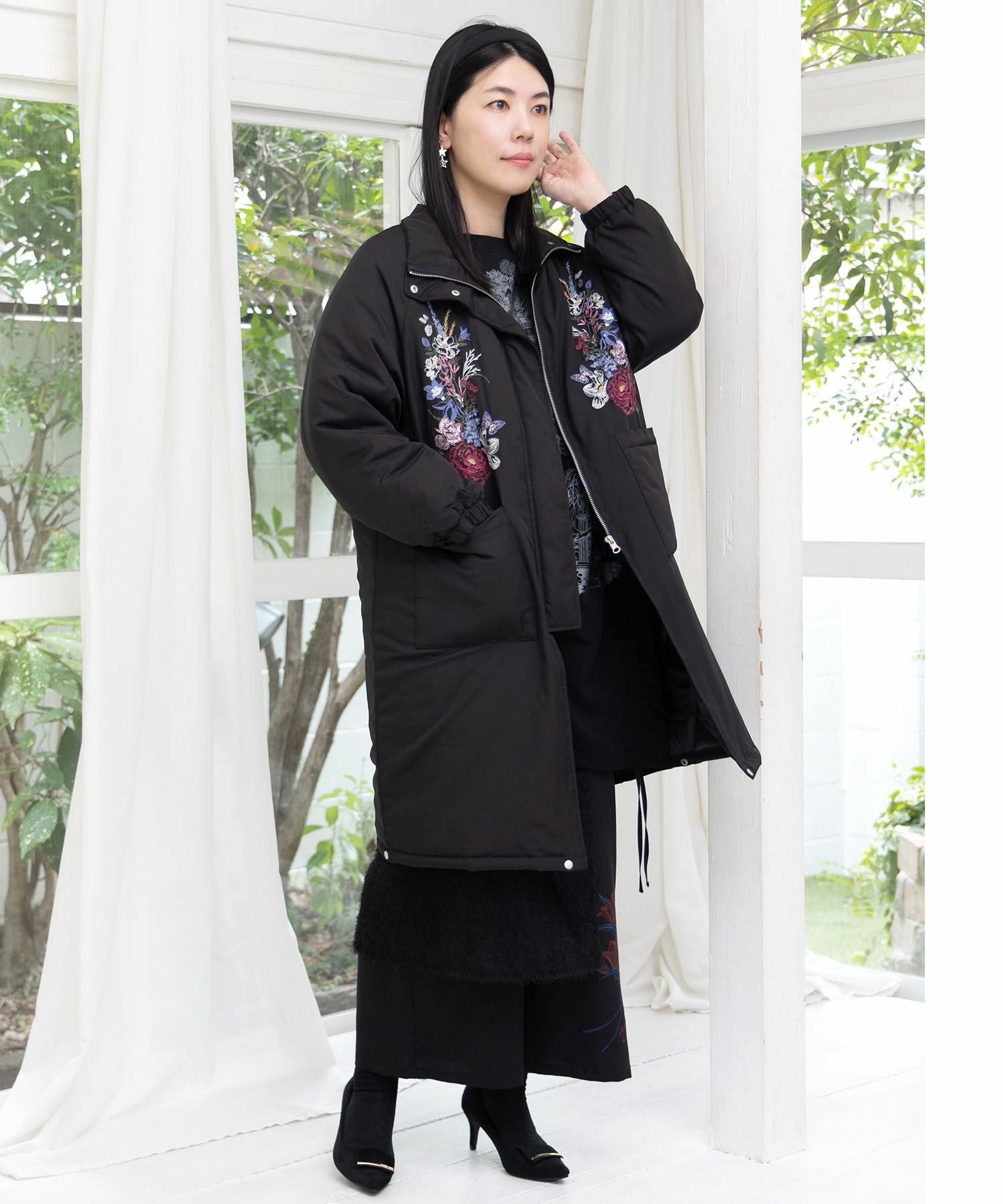 553252：着丈調整可能2way 花刺繍中綿ロングブルゾンの通販-ScoLar