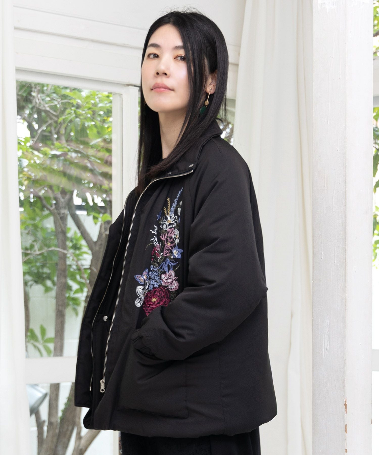 553252：着丈調整可能2way 花刺繍中綿ロングブルゾンの通販-ScoLar