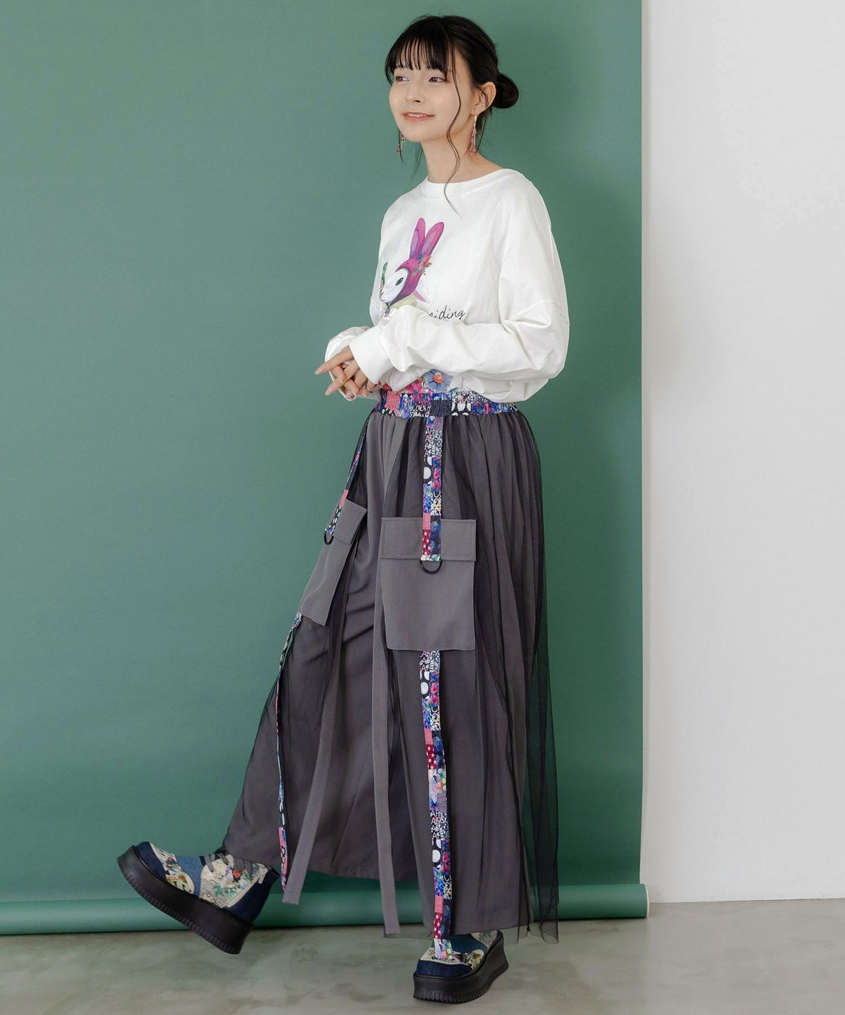 チュールとラインテープのカーゴスカート-6