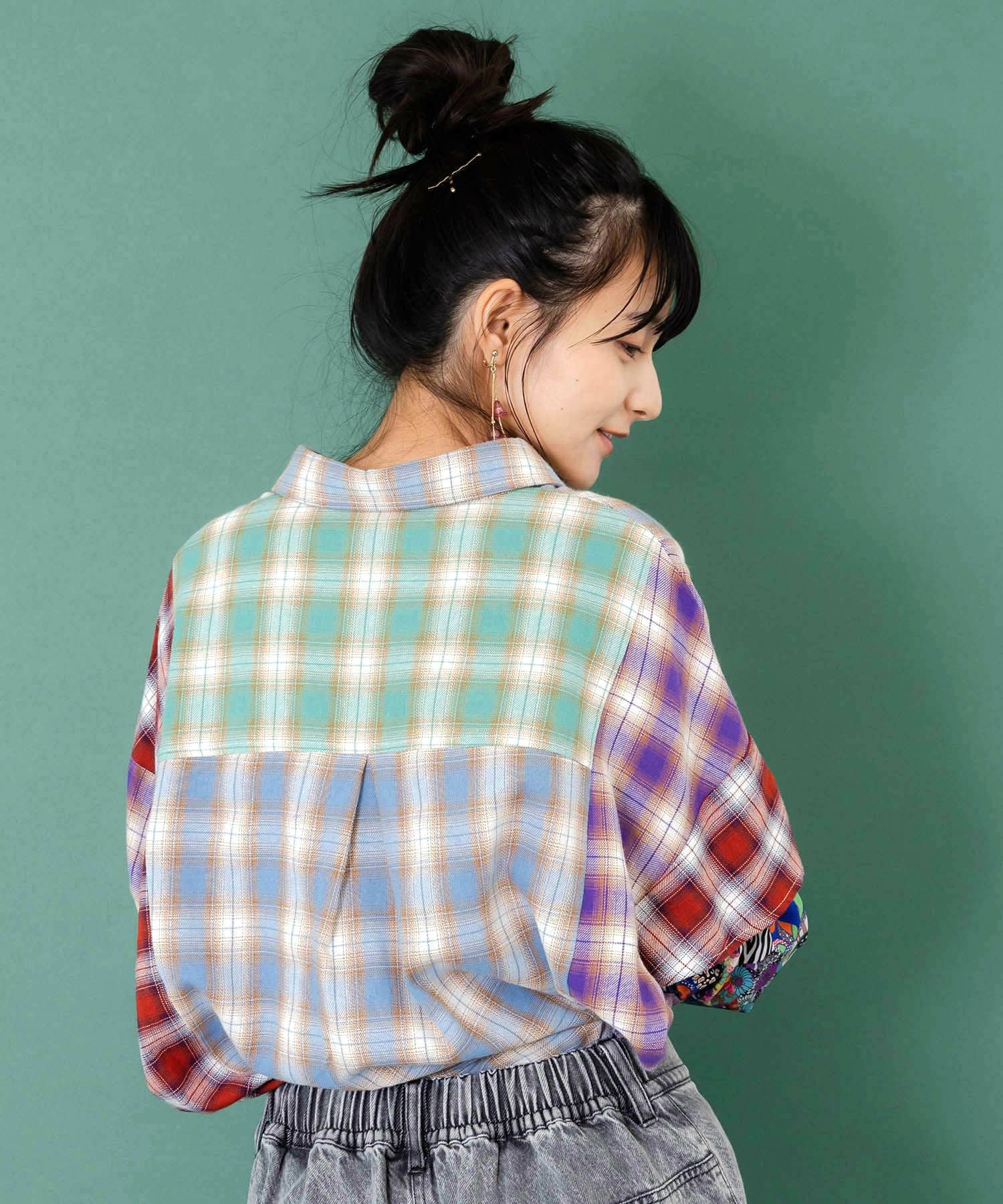 153687：チェックと総柄のアシメパッチワークシャツの通販-ScoLar