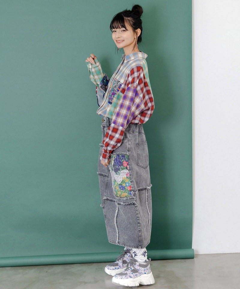 チェックと総柄のアシメパッチワークシャツ-6