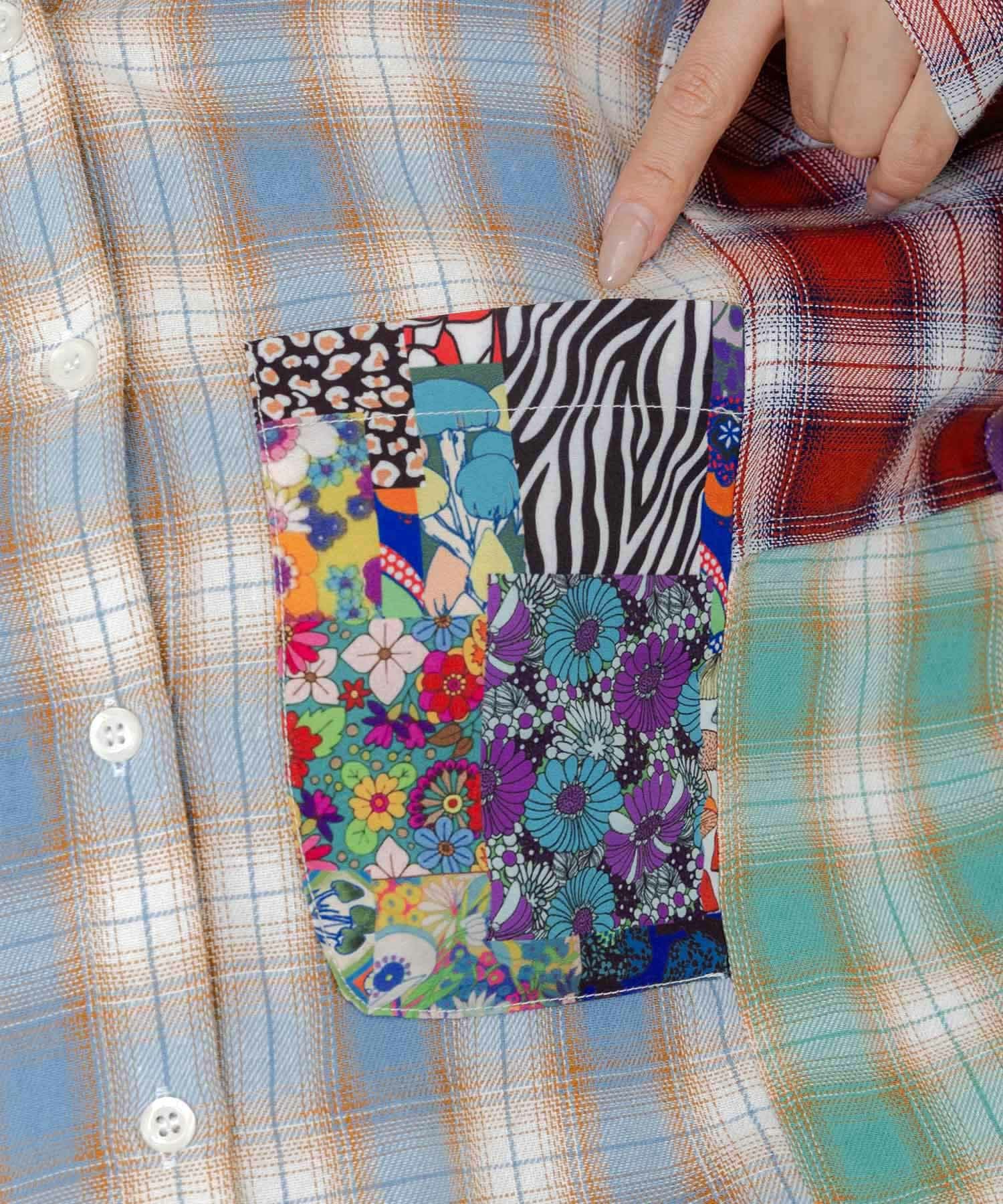 153687：チェックと総柄のアシメパッチワークシャツの通販-ScoLar