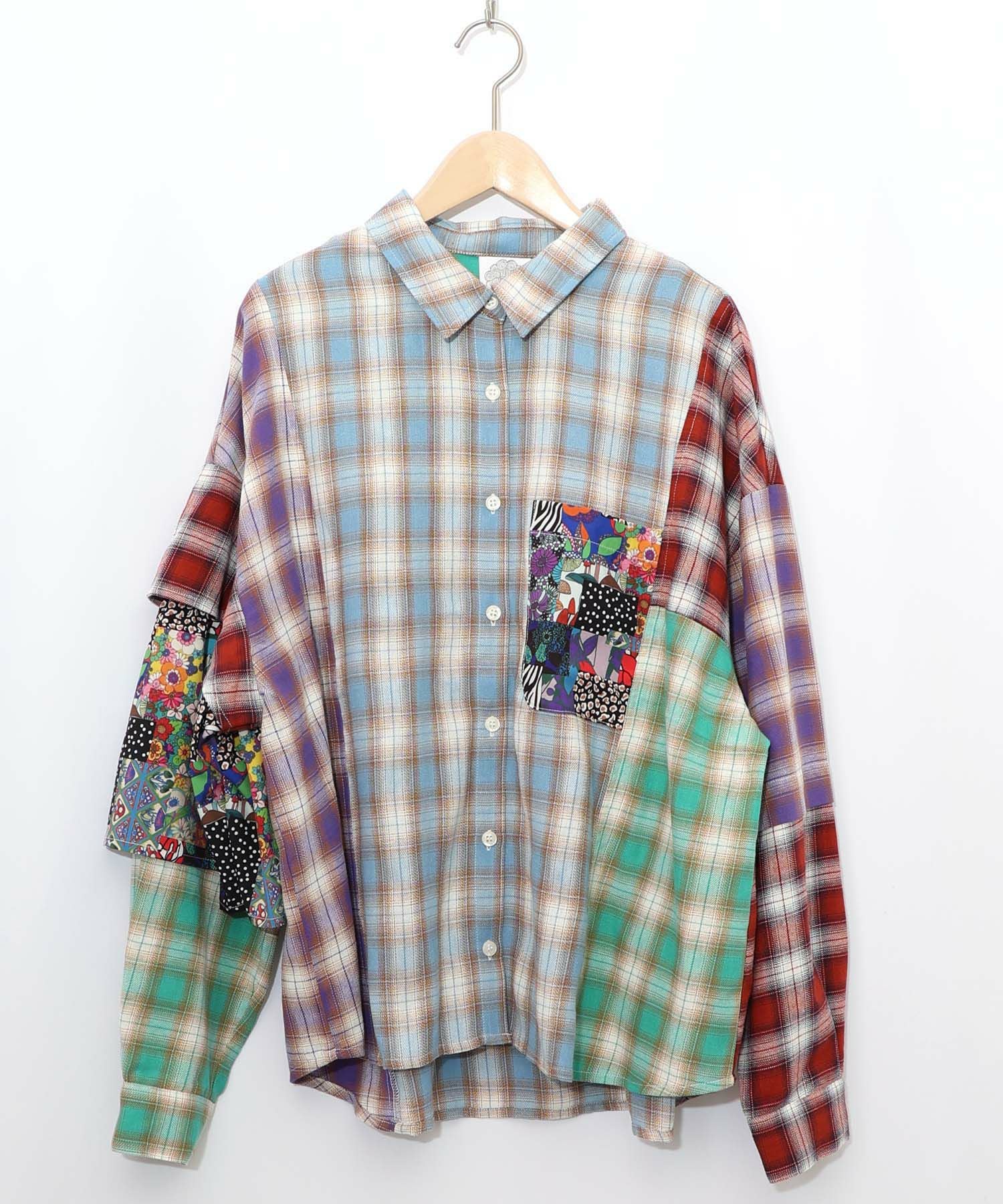 ScoLar 153687：チェックと総柄のアシメパッチワークシャツ 153687：チェックと総柄のアシメパッチワークシャツの通販-ScoLar