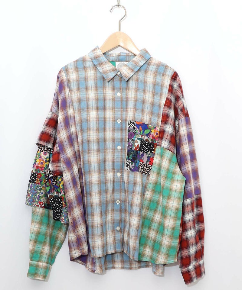 チェックと総柄のアシメパッチワークシャツ-10
