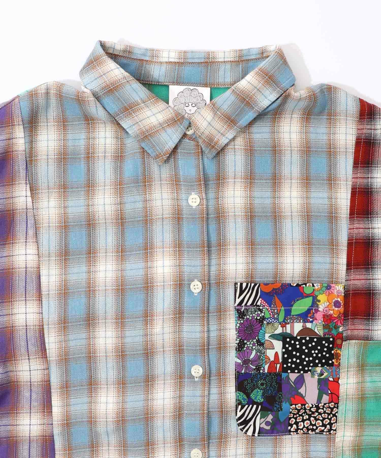 153687：チェックと総柄のアシメパッチワークシャツの通販-ScoLar