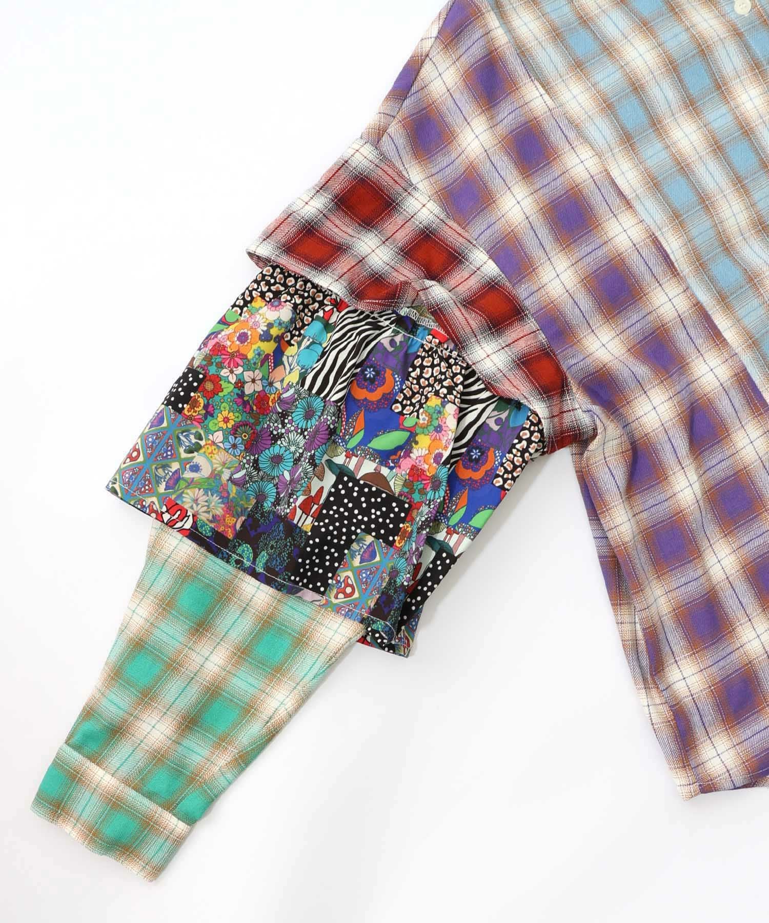 153687：チェックと総柄のアシメパッチワークシャツの通販-ScoLar