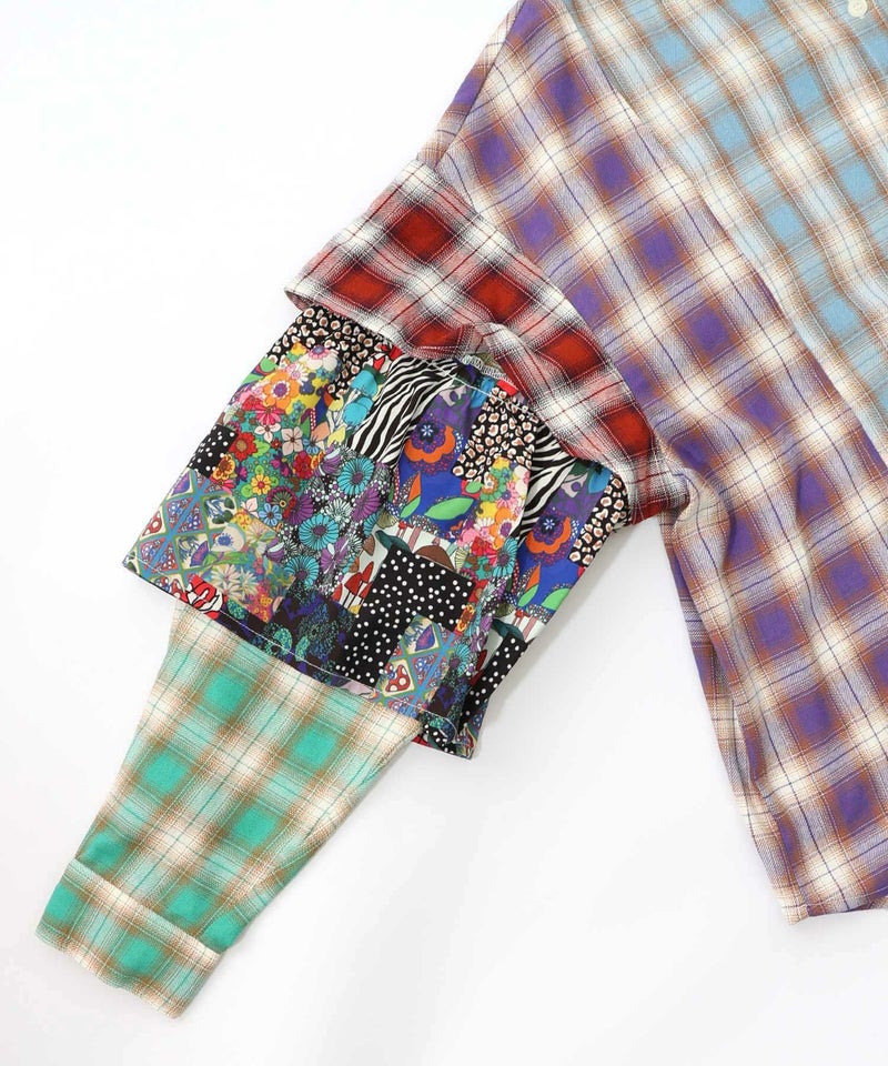 チェックと総柄のアシメパッチワークシャツ-13