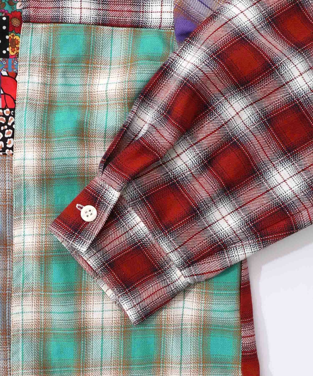 チェックと総柄のアシメパッチワークシャツ-15