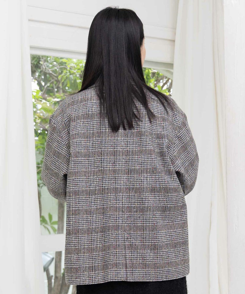 花蝶刺繍のオーバーサイズ チェック柄ジャケット-5