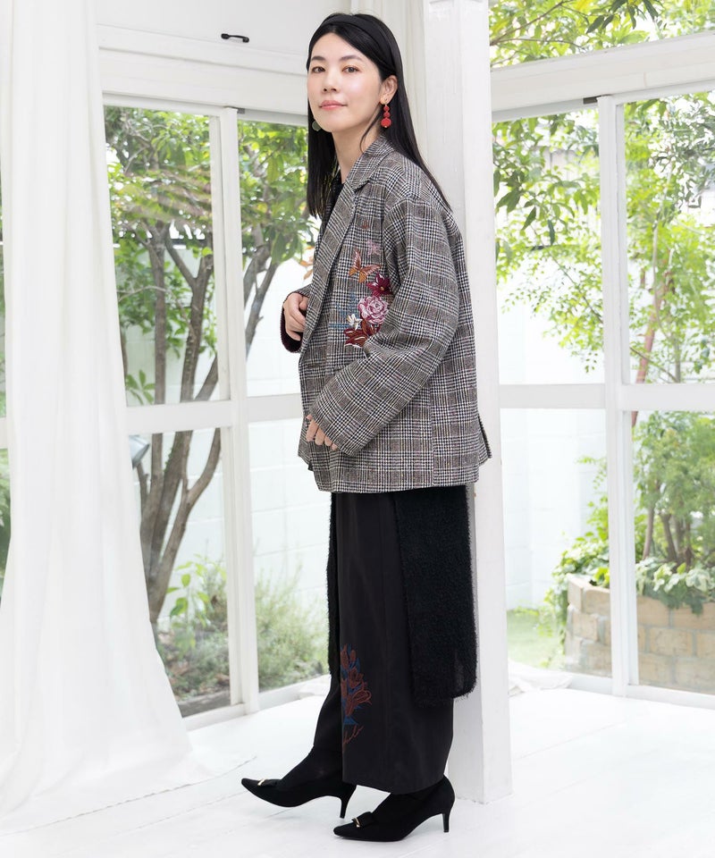 花蝶刺繍のオーバーサイズ チェック柄ジャケット-6