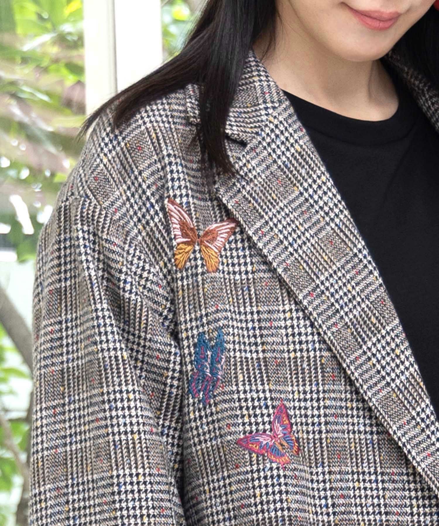 553251：花蝶刺繍のオーバーサイズ チェック柄ジャケットの通販-ScoLar