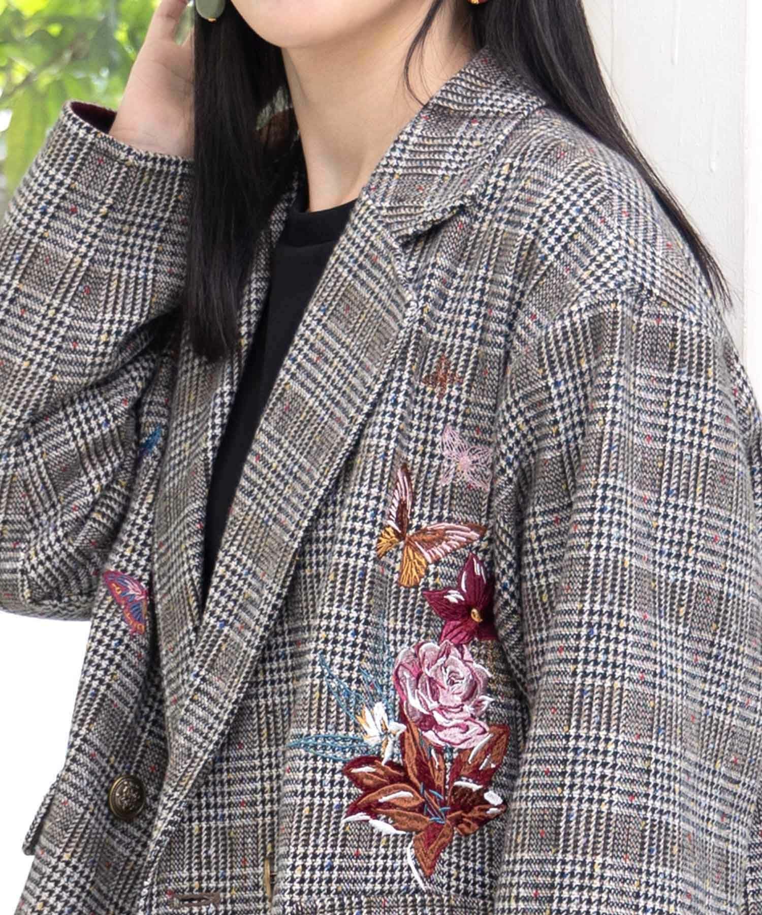 553251：花蝶刺繍のオーバーサイズ チェック柄ジャケットの通販-ScoLar