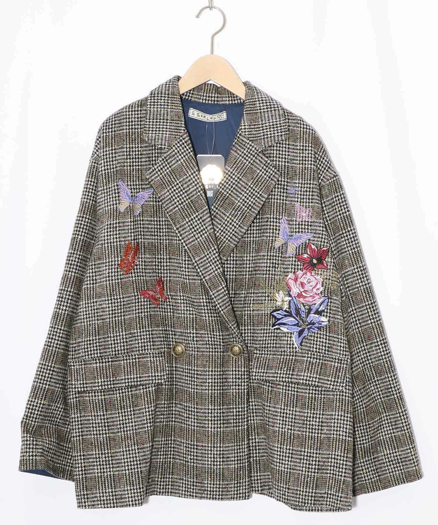 553251：花蝶刺繍のオーバーサイズ チェック柄ジャケットの通販-ScoLar