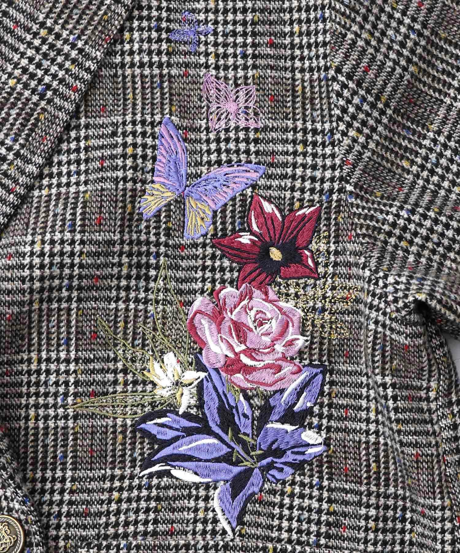 553251：花蝶刺繍のオーバーサイズ チェック柄ジャケットの通販-ScoLar