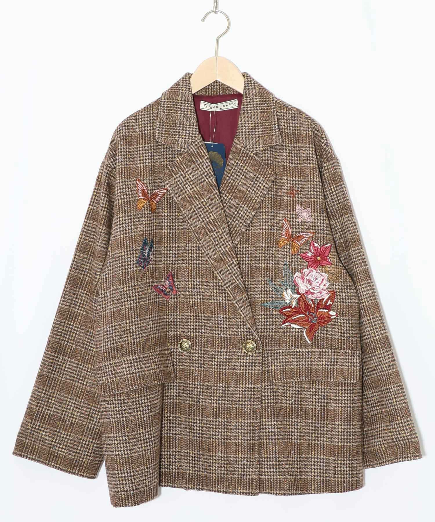 553251：花蝶刺繍のオーバーサイズ チェック柄ジャケットの通販-ScoLar