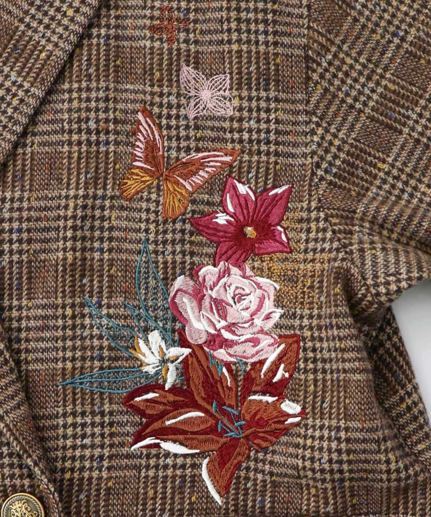 553251：花蝶刺繍のオーバーサイズ チェック柄ジャケットの通販-ScoLar