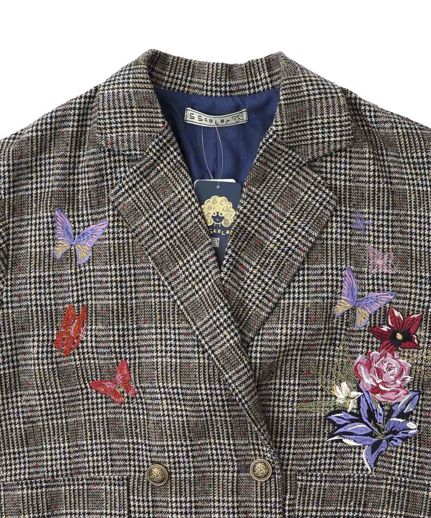 553251：花蝶刺繍のオーバーサイズ チェック柄ジャケットの通販-ScoLar