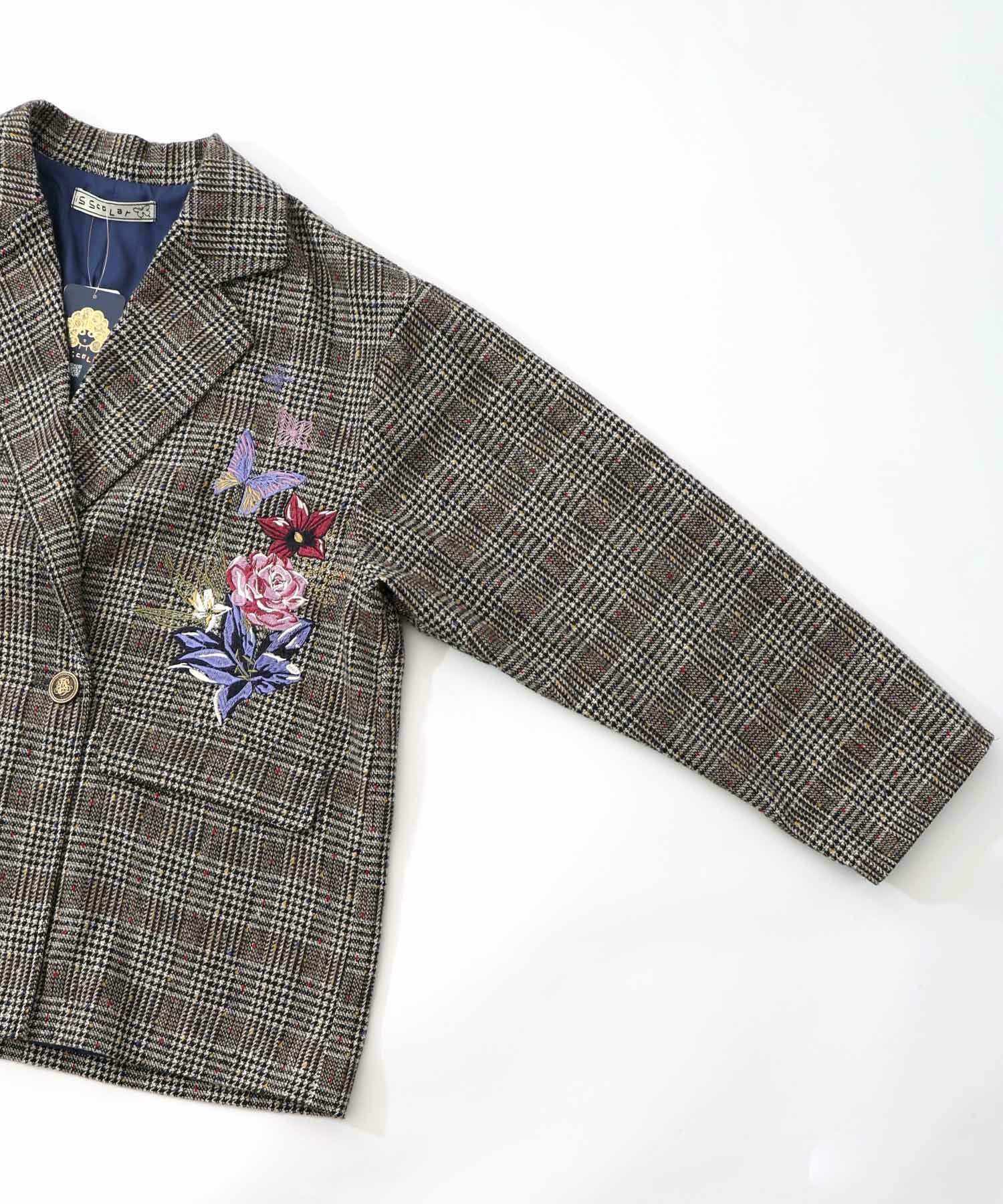 553251：花蝶刺繍のオーバーサイズ チェック柄ジャケットの通販-ScoLar
