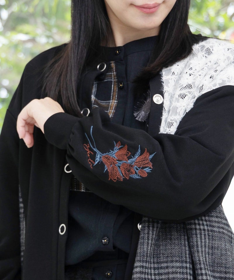 裏毛×起毛レース×チェックの異素材切替カーデ-7