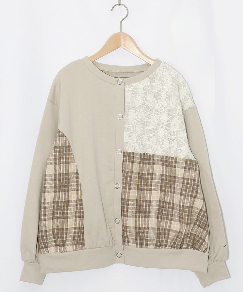 裏毛×起毛レース×チェックの異素材切替カーデ-10