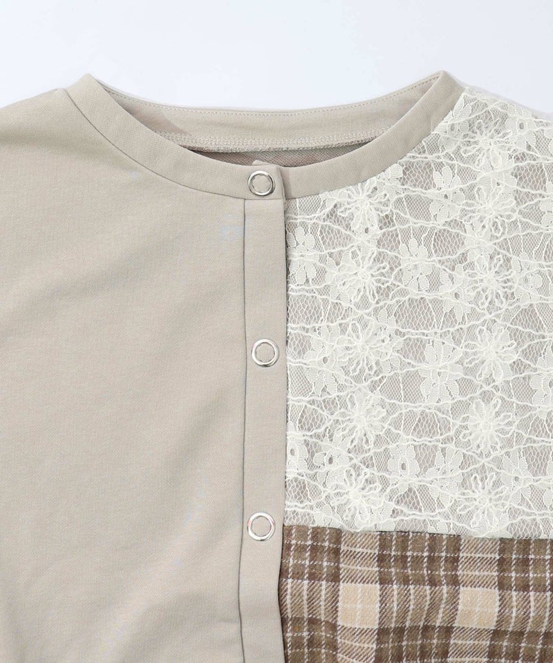 裏毛×起毛レース×チェックの異素材切替カーデ-12