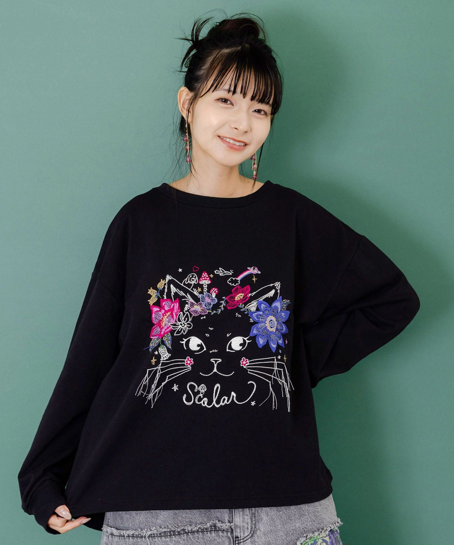 153699：花猫刺繍のミニ裏毛プルオーバーの通販-ScoLar