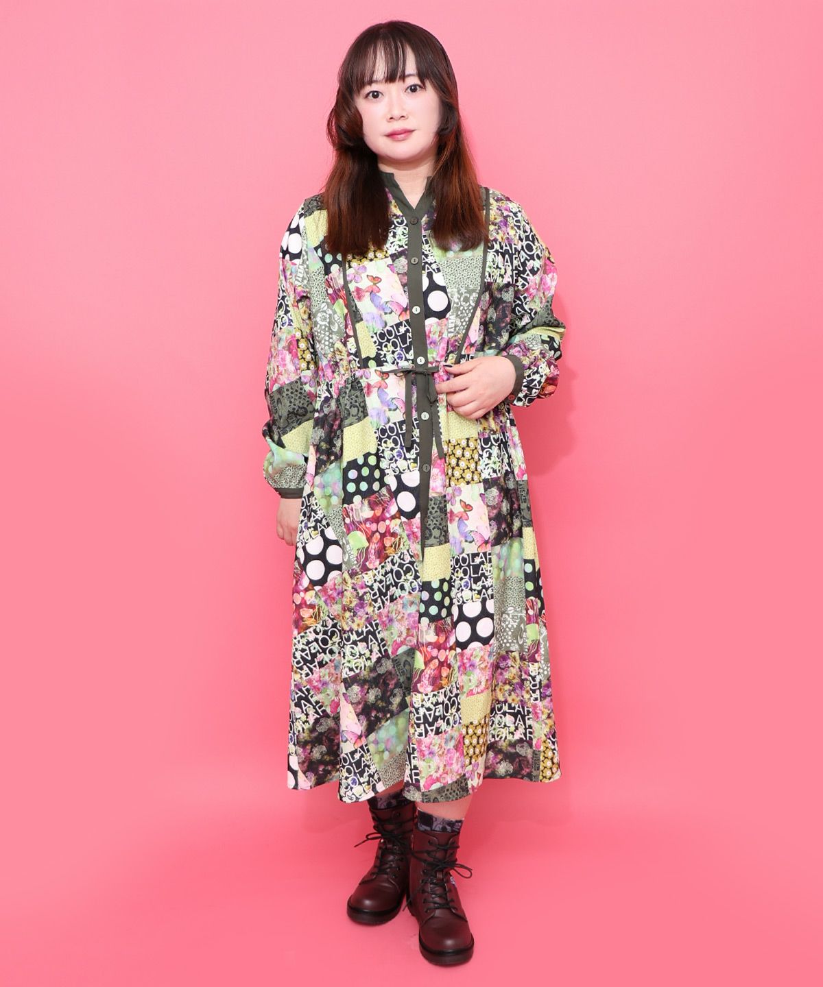 【美品】A.P.C.ペイズリー柄シルクワンピース36 ROBE JOANA 153676：パッチワーク風総柄ドロスト前開きワンピースの通販-ScoLar