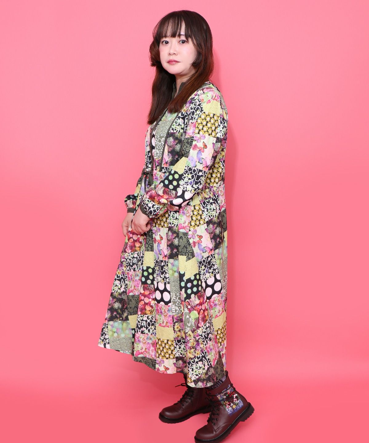 153676：パッチワーク風総柄ドロスト前開きワンピースの通販-ScoLar