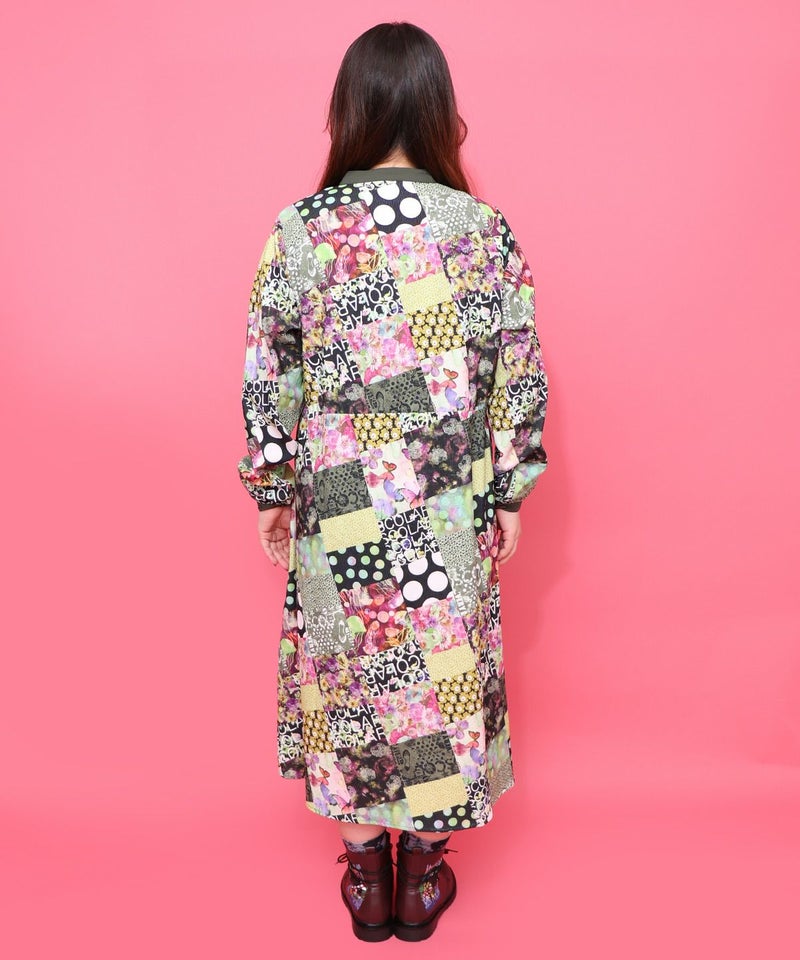 パッチワーク風総柄ドロスト前開きワンピース-5