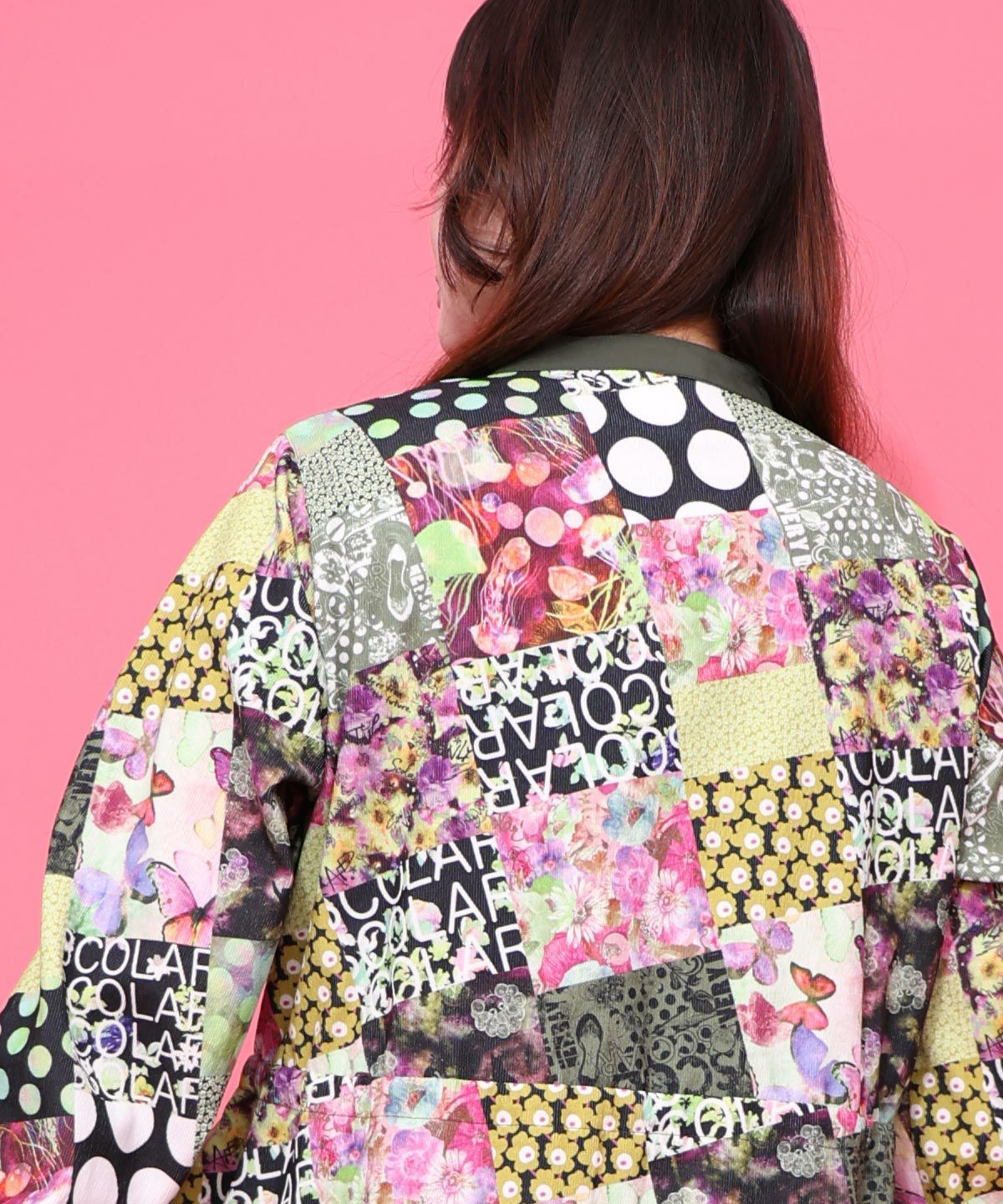 パッチワーク風総柄ドロスト前開きワンピース-6