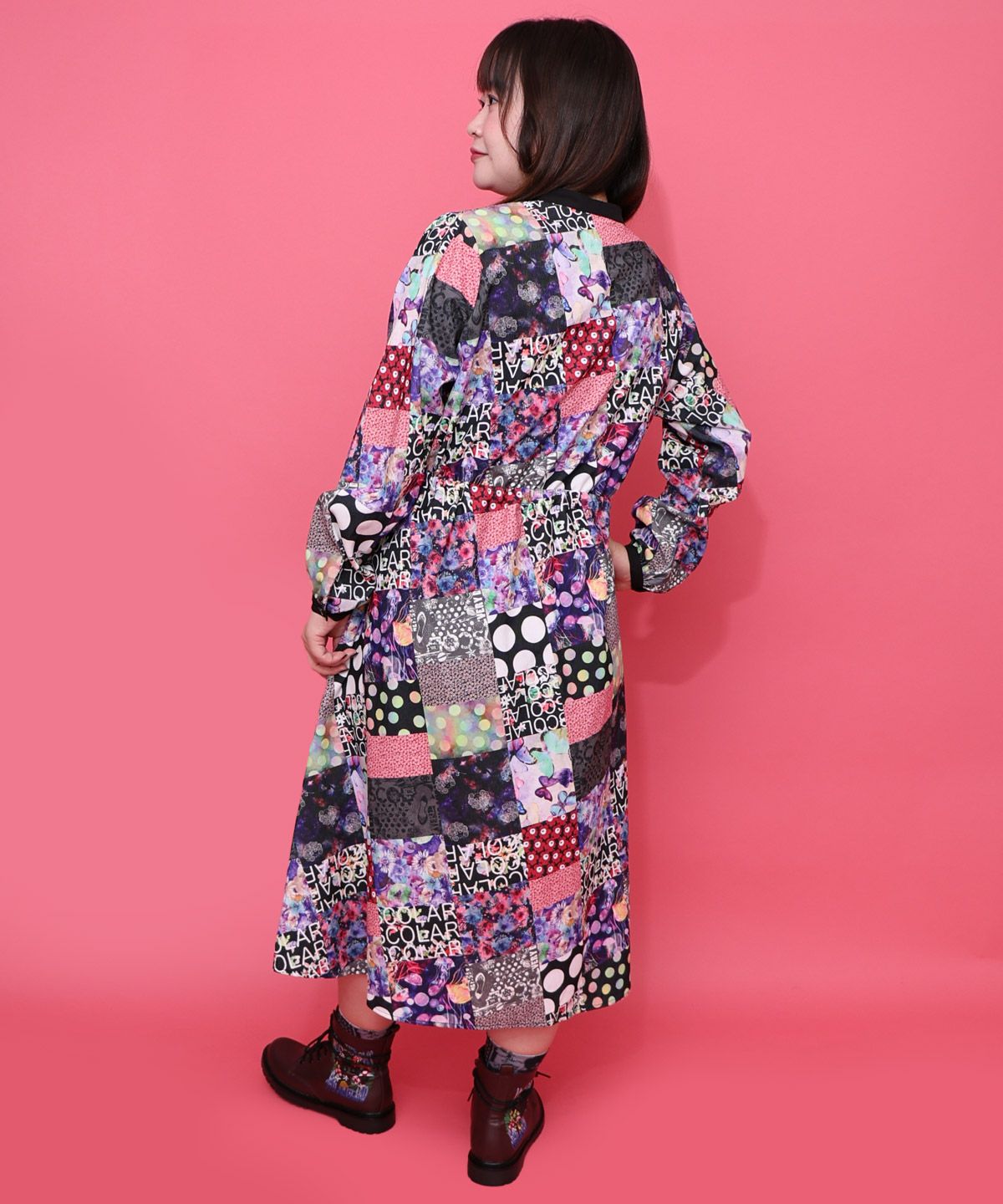 153676：パッチワーク風総柄ドロスト前開きワンピースの通販-ScoLar