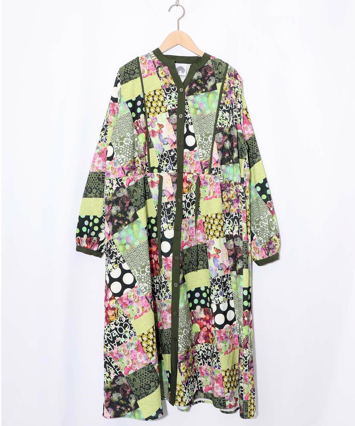 パッチワーク風総柄ドロスト前開きワンピース-16