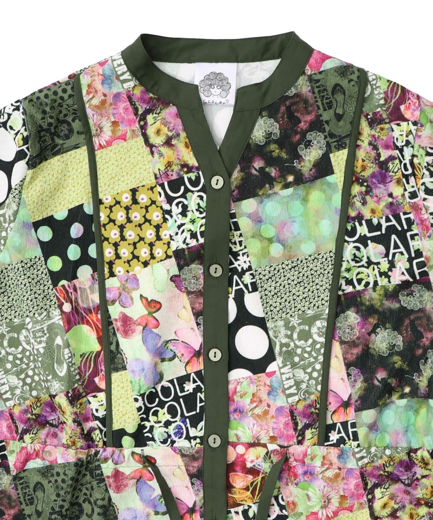 153676：パッチワーク風総柄ドロスト前開きワンピースの通販-ScoLar