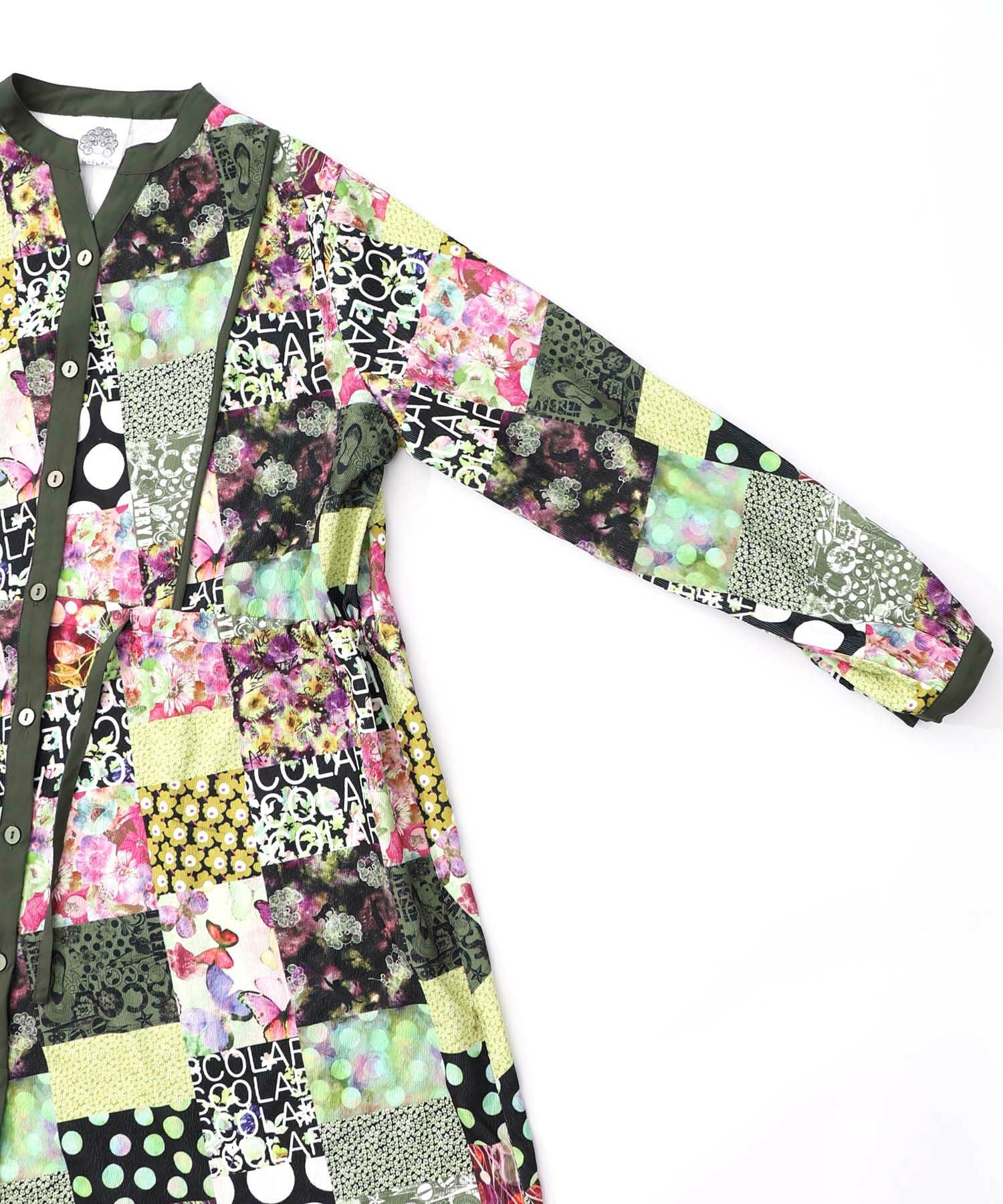 153676：パッチワーク風総柄ドロスト前開きワンピースの通販-ScoLar