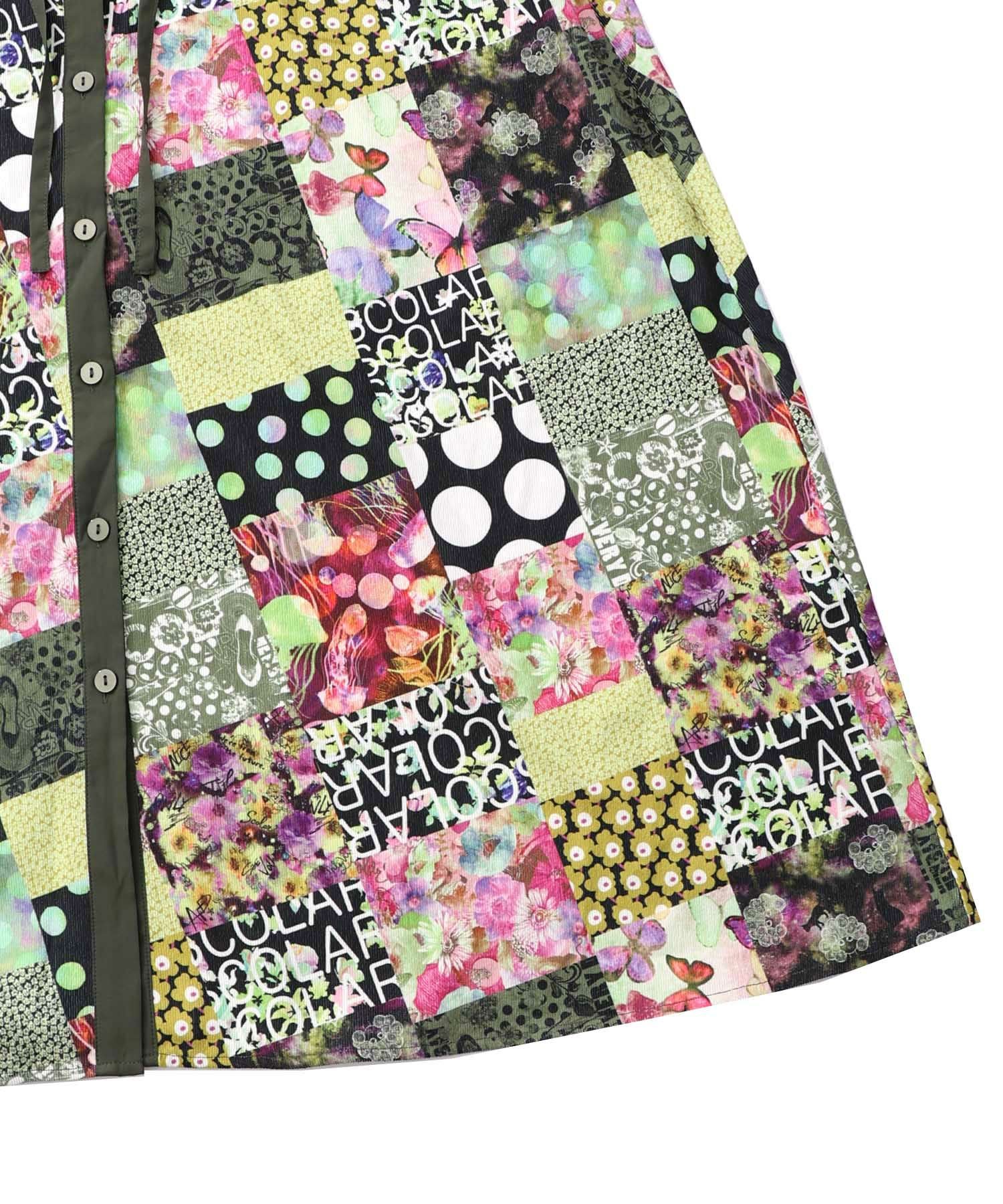 153676：パッチワーク風総柄ドロスト前開きワンピースの通販-ScoLar