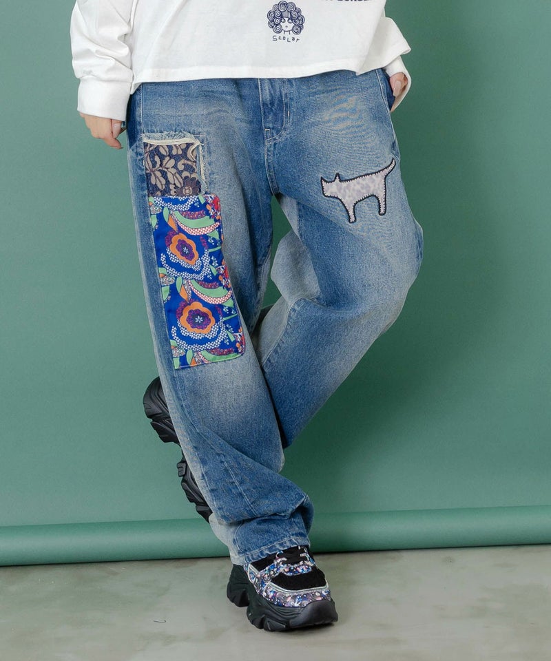 綿×レース異素材アップリケデニムパンツ-1