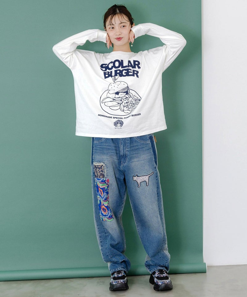 綿×レース異素材アップリケデニムパンツ-2