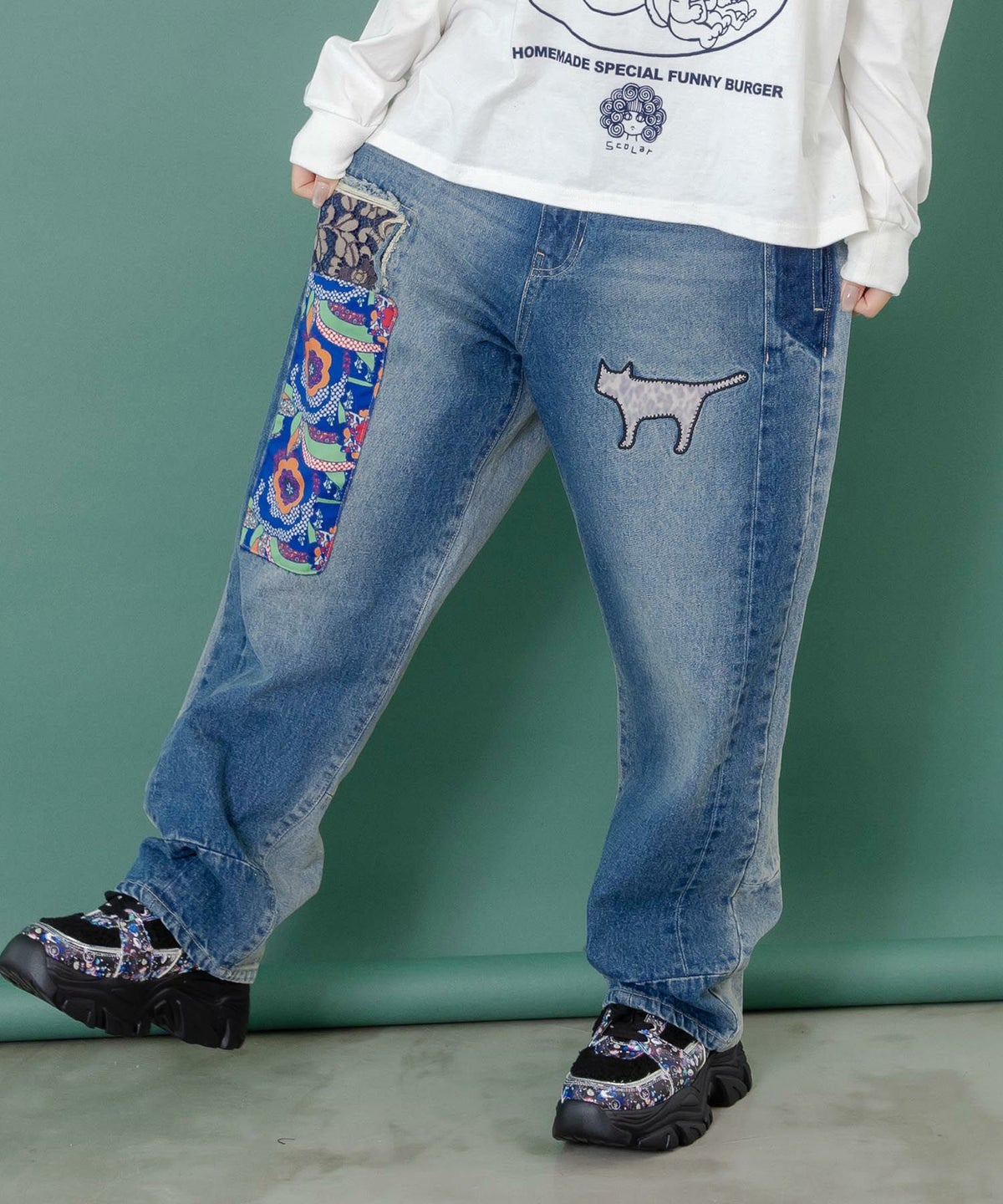 綿×レース異素材アップリケデニムパンツ-4