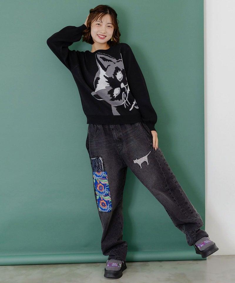 綿×レース異素材アップリケデニムパンツ-10