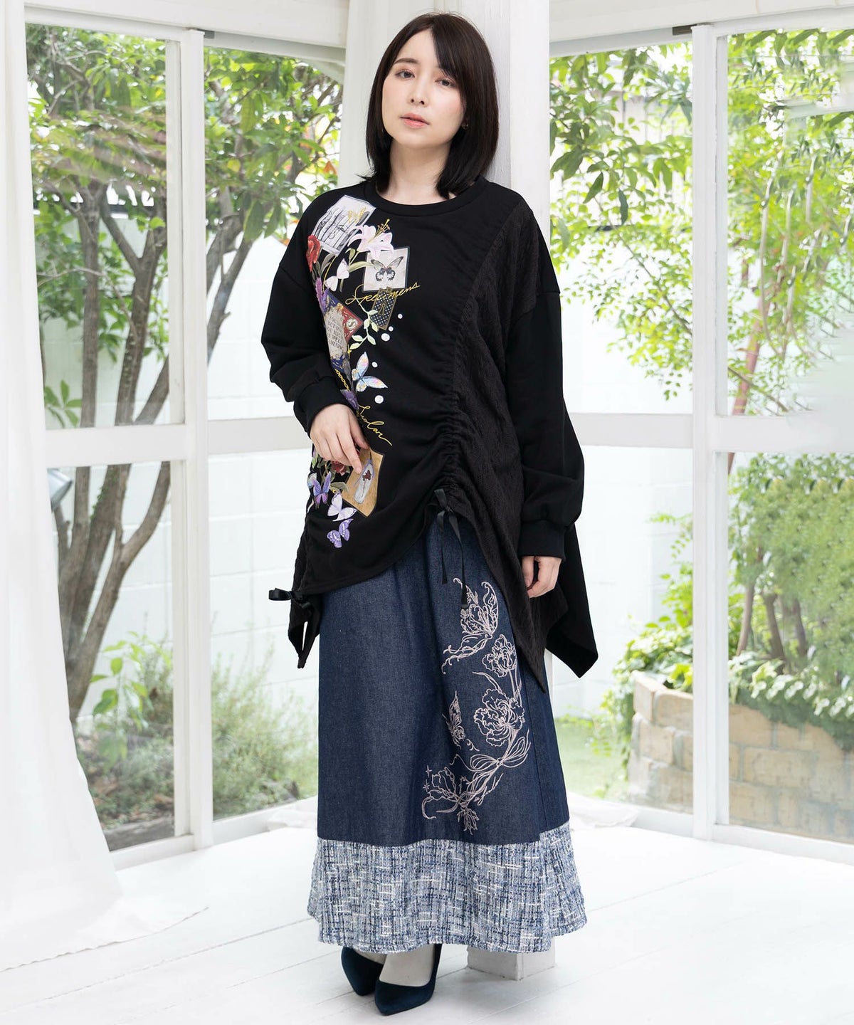 ラメツイード切替 花蝶刺繍デニムスカート-2