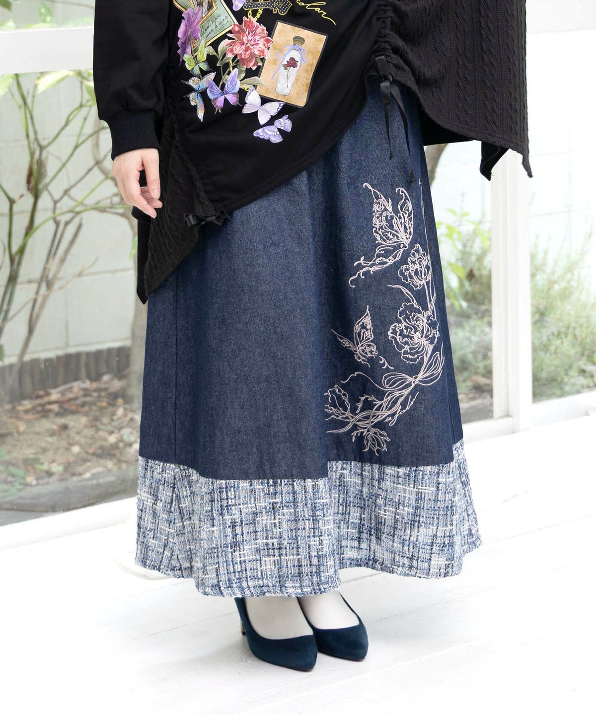 ラメツイード切替 花蝶刺繍デニムスカート-3