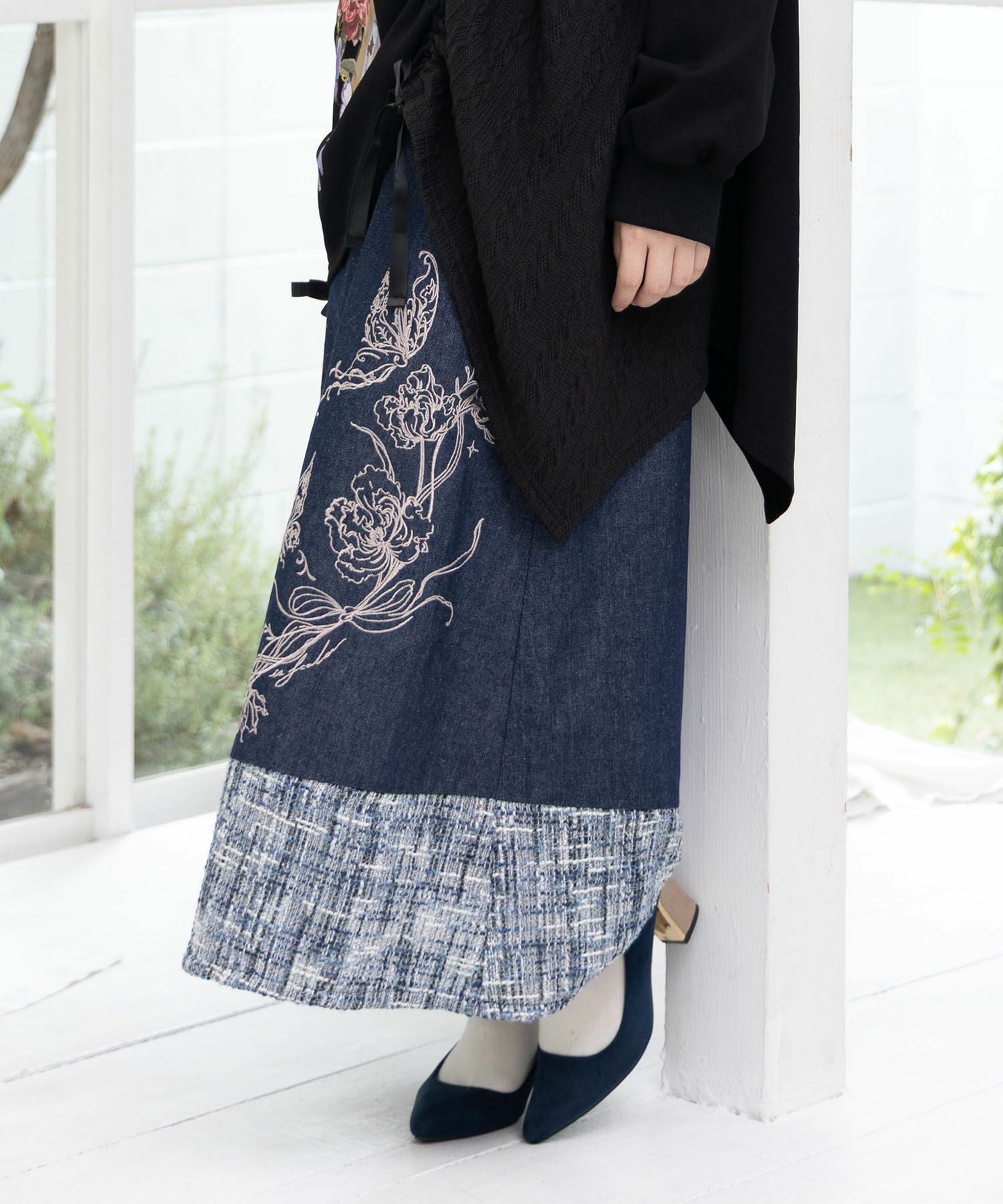 553249：ラメツイード切替 花蝶刺繍デニムスカートの通販-ScoLar