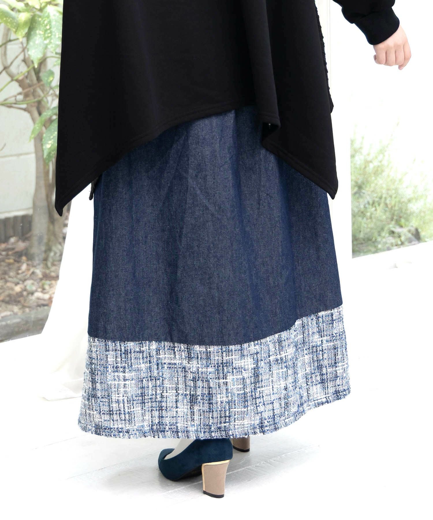 553249：ラメツイード切替 花蝶刺繍デニムスカートの通販-ScoLar