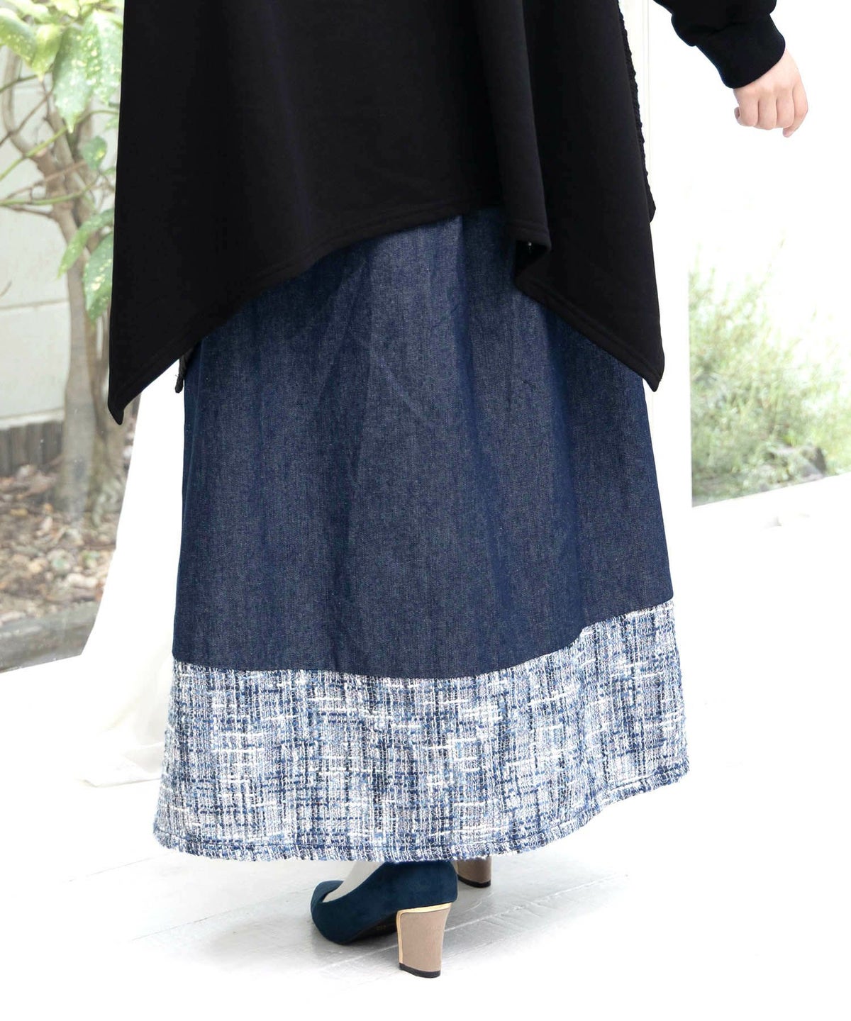 ラメツイード切替 花蝶刺繍デニムスカート-5