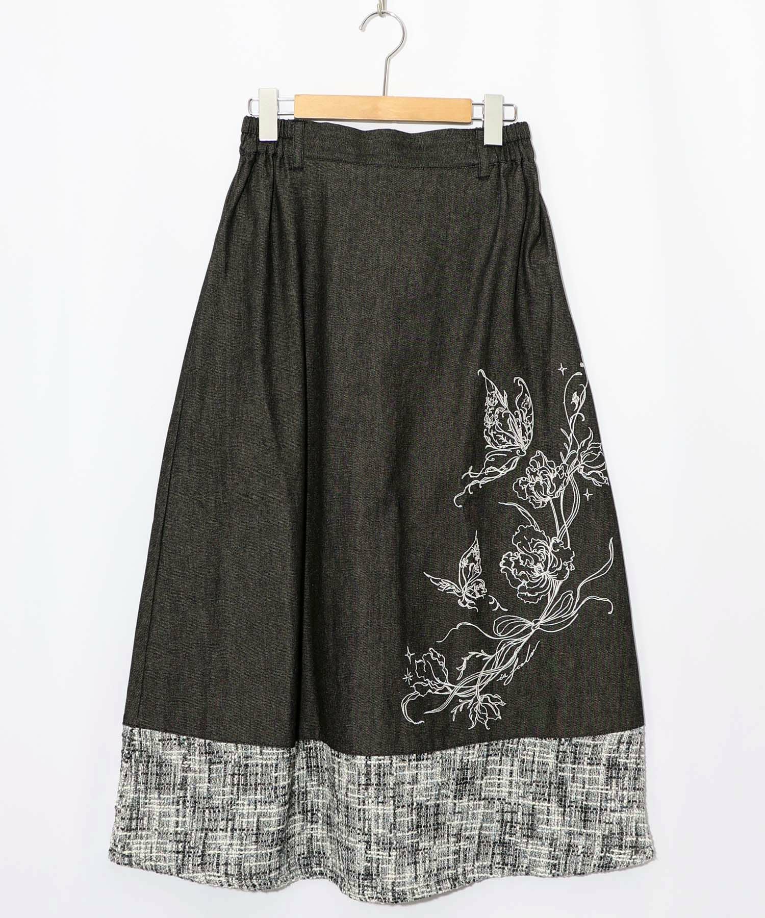 553249：ラメツイード切替 花蝶刺繍デニムスカートの通販-ScoLar