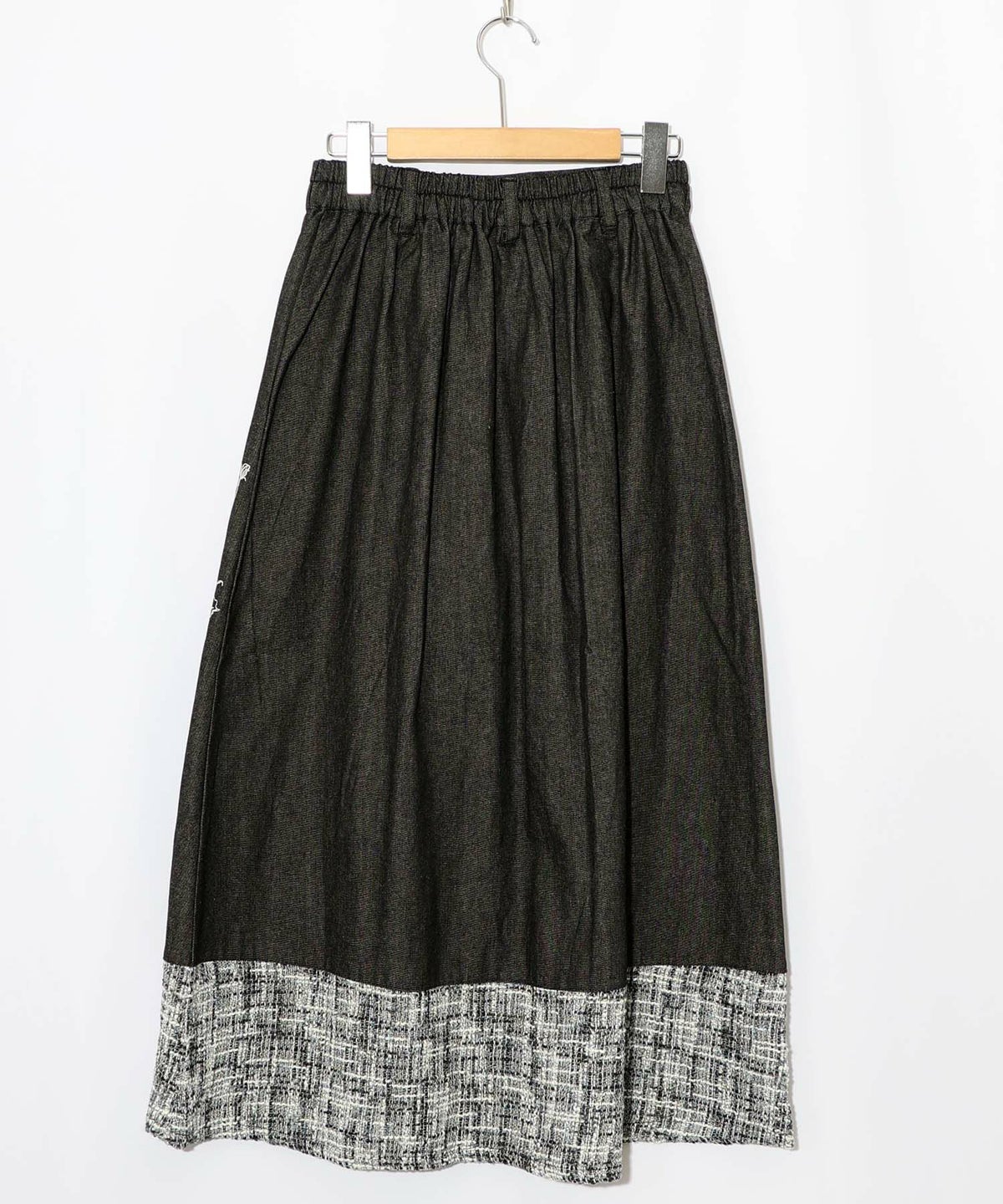 ラメツイード切替 花蝶刺繍デニムスカート-9